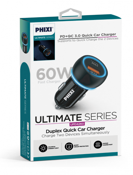 Phixi UPD4260 60W Auto Ladeadapter mit PD & 2 USB-Ausgängen